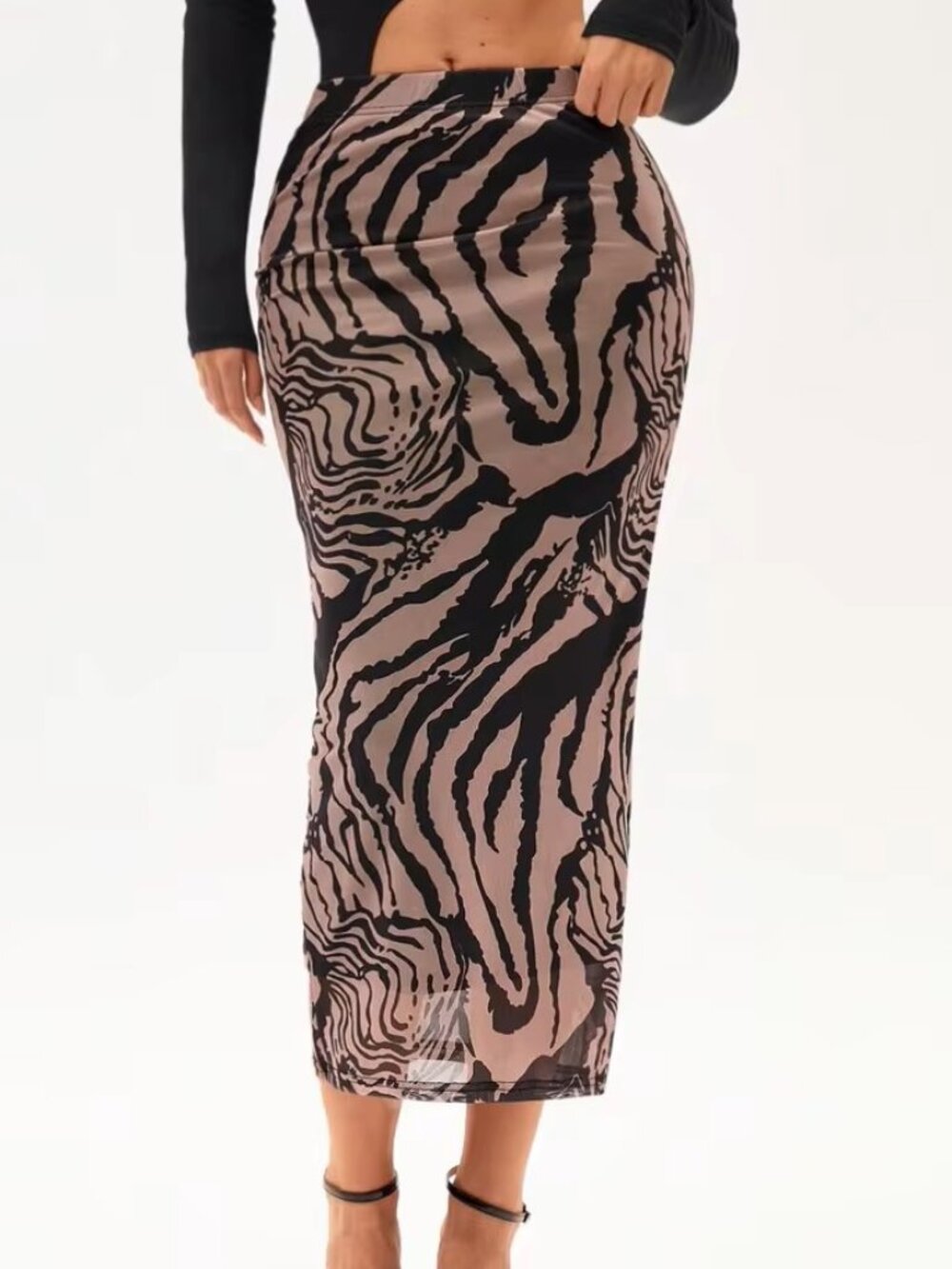 Brown & Black Zebra Print Bodycon Maxi Skirt | Size S Trendy Chic